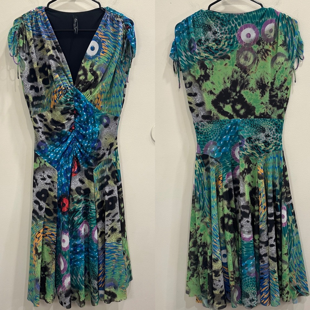 Elana Kattan Green Peacock Leopard Ruched Mesh Midi Dress Art to Wear Boho Med